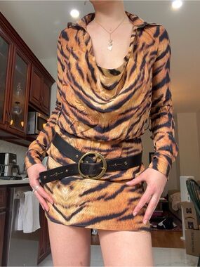 Haute Hippie Tiger-Print mini cowl neck dress